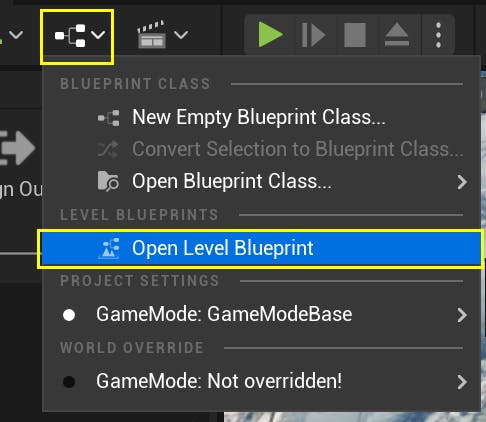 A screenshot highlighting the buttons to use to open the Level Blueprint.