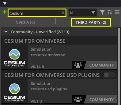 Cesium for Omniverse tutorial: quickstart. Type Cesium in the search box and select the Third Party tab in the extensions list. Two Cesium for Omniverse entries should be found.