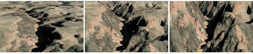 3 canyons with increasing depth showcasing Cesium's dynamic terrain