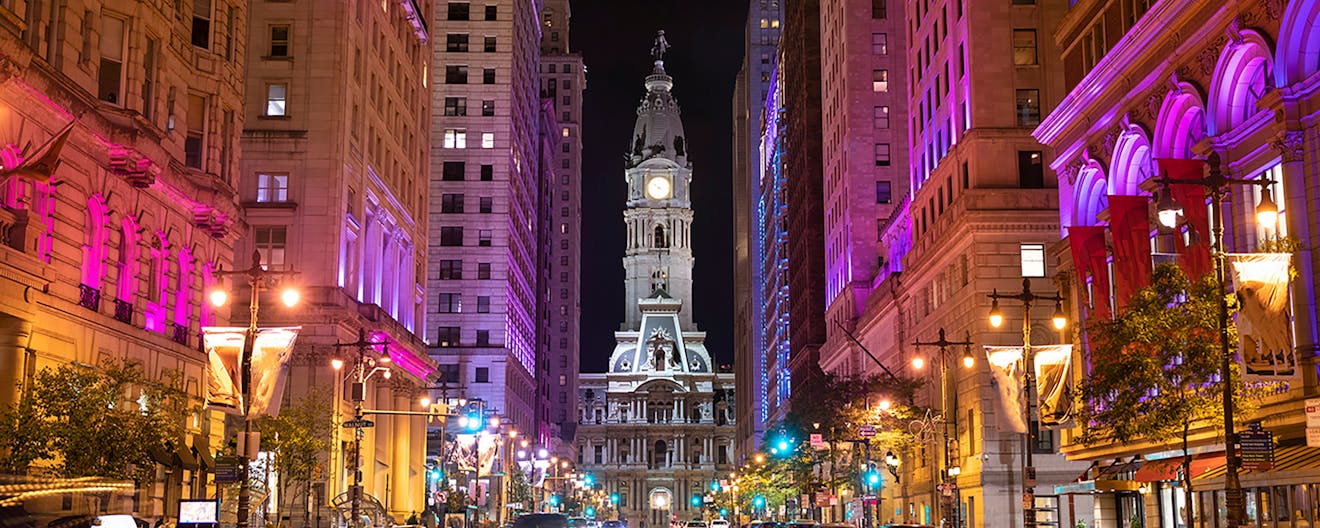 Philadelphia City Hall at night from Broad Street