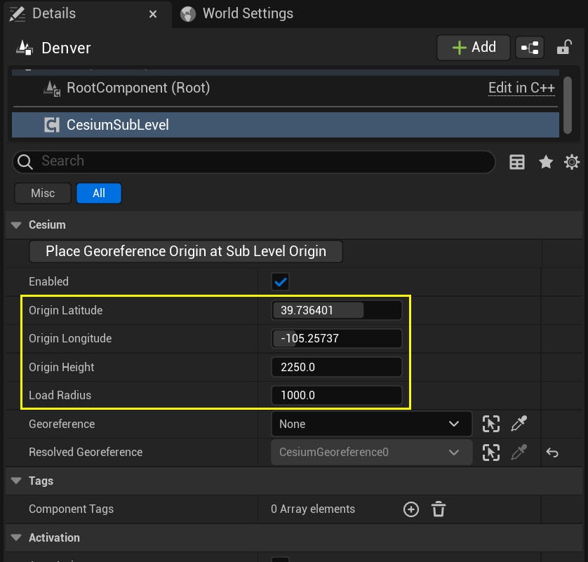 A screenshot showing the CesiumSubLevelComponent's Details panel with the Origin Latitude, Origin Longitude, Origin Height, and Load Radius properties highlighted.