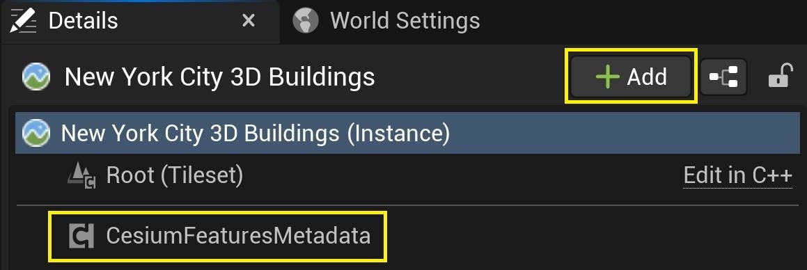 Cesium for Unreal tutorial: Visualize Mesh Features and Metadata. The Details panel with both the Add button and the CesiumFeaturesMetadata component highlighted.