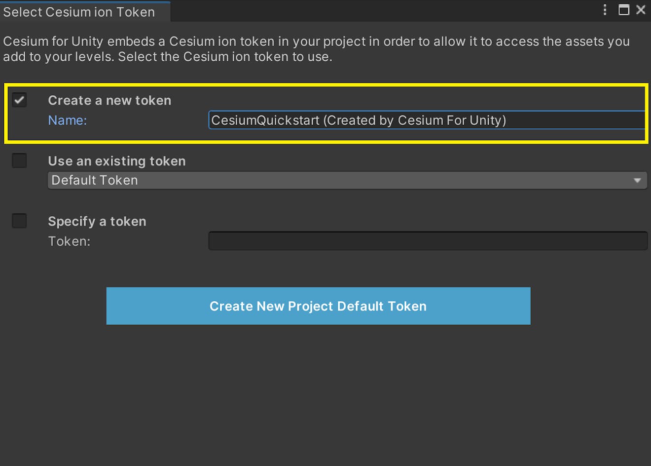 A new window will appear to configure the token. Select the Create a new token option, and rename the token if you wish. Then, press the Create New Project Default Token button.