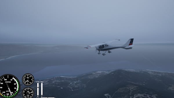 A Flight Design CTLS two-seater ultralight airplane flies over water and mountains in the fog.