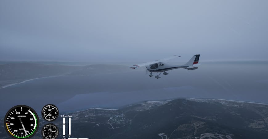 A Flight Design CTLS two-seater ultralight airplane flies over water and mountains in the fog.