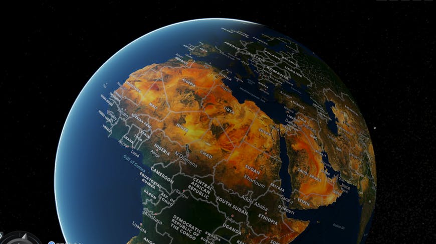 Bing Maps labels map layer rendered on a Sentinel-2 satellite imagery layer in CesiumJS.