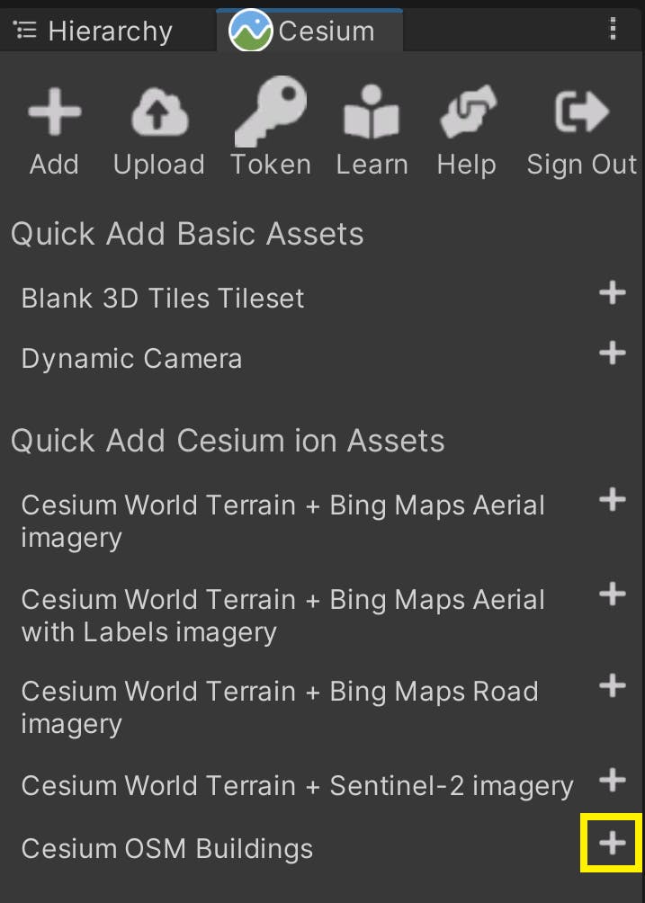 In the Cesium window, locate the Cesium OSM Buildings option underneath Quick Add Cesium ion Assets. Click to add the data to the scene.