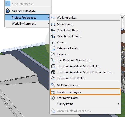 Cesium for Omniverse Graphisoft Archicad tutorial: Click Options > Project Preferences > Location Settings to display the location settings interface.