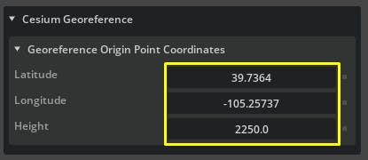 Cesium for Omniverse/Photorealistic 3D Tiles tutorial: In the Property window, look for the Latitude, Longitude, and Height variables under Georeference Origin Point Coordinates.