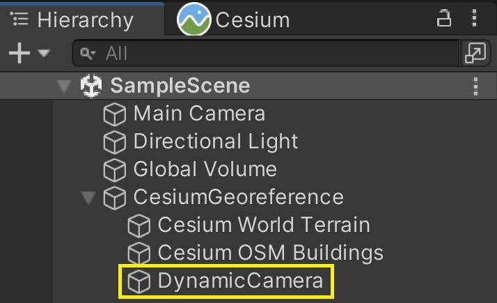 The DynamicCamera under the CesiumGeoreference in the scene hierarchy.