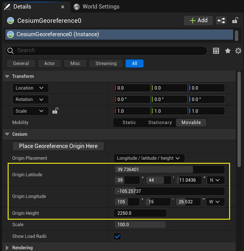 A screenshot showing the Origin Longitude, Latitude, and Height properties on a CesiumGeoreference.