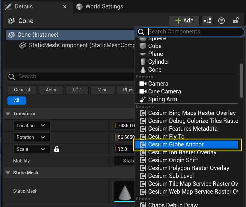 A screenshot showing the Cesium Globe Anchor component being selected from the "Add" dropdown.