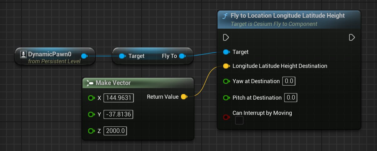 A screenshot showing the Blueprint canvas after adding a "Make Vector" node connected to the "Longitude Latitude Height Destination" pin and populated with the coordinates of Melbourne.