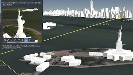 Screenshot of Cesium Stories showing measurement tools being used to measure the distance from Ellis Island to New York City and the height of the Statue of Liberty