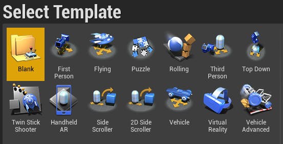 A screenshot of the Unreal Engine template selector dialog