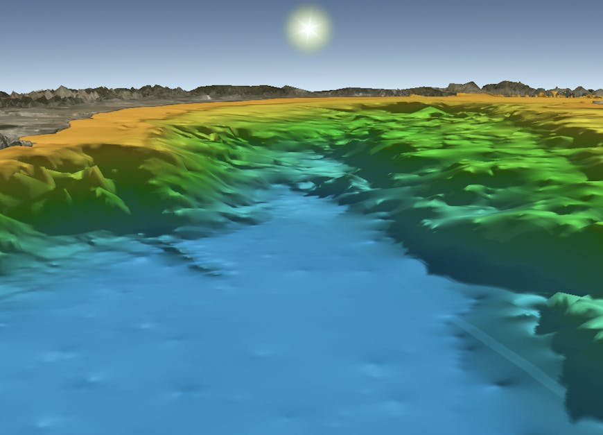 Digital 3D model showing sun and brown mountains and terrain above sea level, changing color to yellow, green, and blue as depth increases underwater.