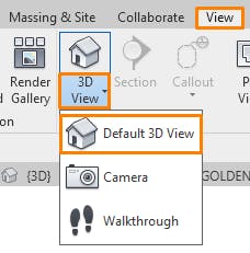 Cesium for Omniverse/Revit tutorial: Click View > 3D View > Default 3D View to enter the 3D view.