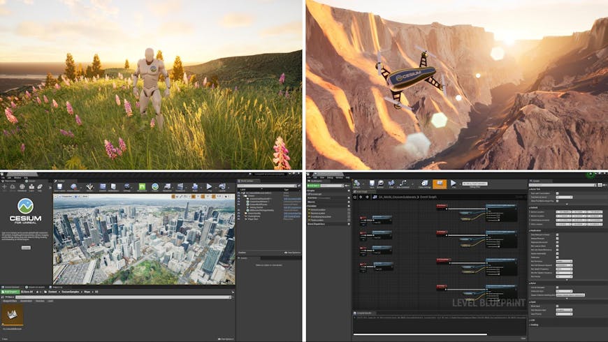 Four images: 1) the UE mannequin standing on a hill covered with flowers, 2) the Cesium drone flying through the Grand Canyon, 3) the UE project UI with Cesium for Unreal open, and 4) the UE Level Blueprint view