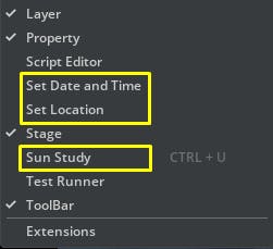 Cesium for Omniverse Dynamic Skies and Sun Study tutorial: Click on the Sun Study entry to view the Sun Study user interface.