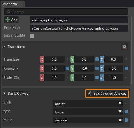 Cesium for Omniverse tutorial: tileset clipping. Select the prim and click Edit Control Vertices in the Basis Curves section of the Property window. Control points for the curve will appear.