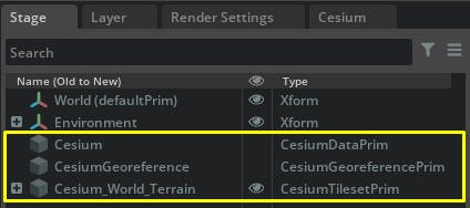 Cesium for Omniverse/quickstart tutorial: Cesium, CesiumGeoreference, and Cesium_World_Terrain