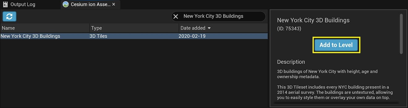 Cesium for Unreal tutorial: Visualize Mesh Features and Metadata. New York City 3D Buildings listed in the Cesium ion Assets window, with an Add to Level button.