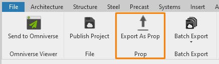 Cesium for Omniverse/Revit tutorial: Export the scene by clicking Omniverse > Export As Prop. This will begin the export process to USD.