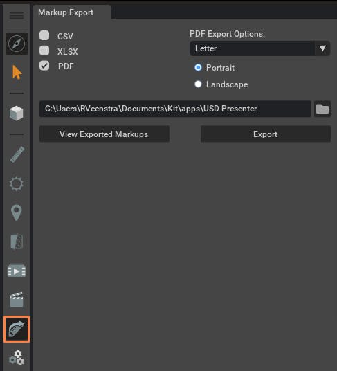Markups can be exported as PDF, CSV, and XLSX and shared with others.