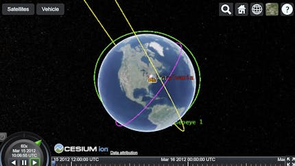 The Earth shown in Cesium with satellite paths shown in a sandcastle