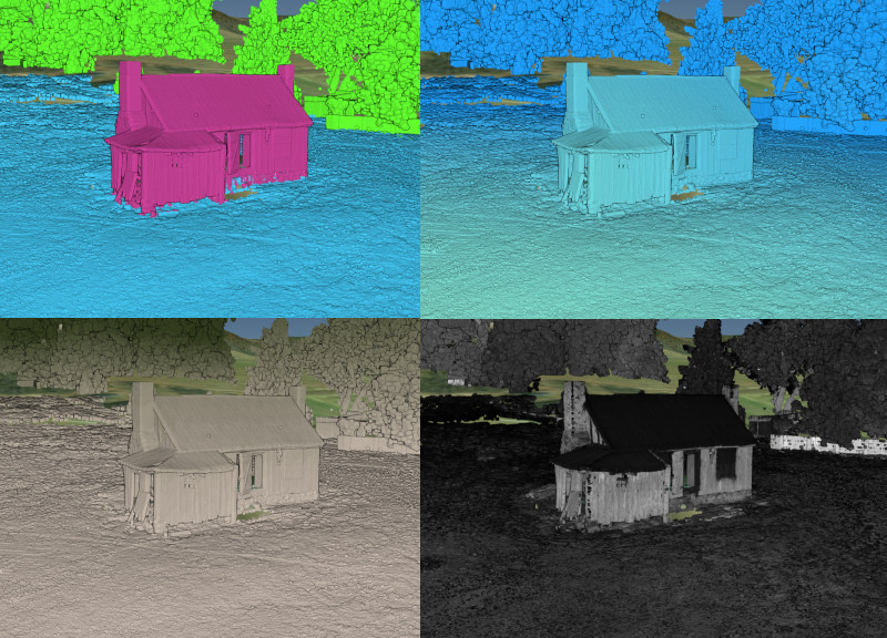 Per-point attribute styling by classification (top left), distance (top right), height (bottom left), and intensity (bottom right).