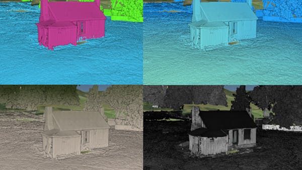 Per-point attribute styling by classification (top left), distance (top right), height (bottom left), and intensity (bottom right).