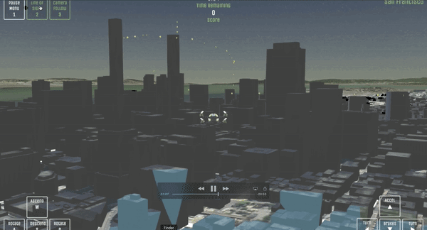 A model of a helicopter moving over a city. The buildings in the city change color when they are in the line of sight of the helicopter.