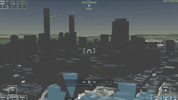 A model of a helicopter moving over a city. The buildings in the city change color when they are in the line of sight of the helicopter.