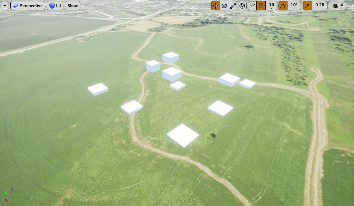 In UE, the tileset in a green field oriented correctly