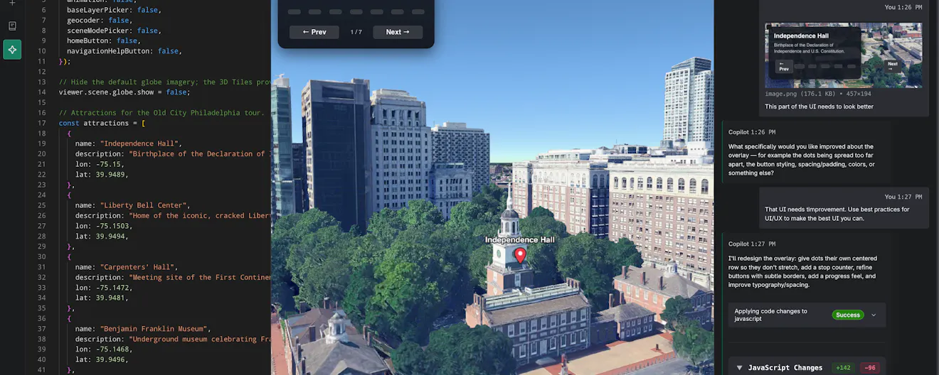 CesiumJS Sandcastle Copilot creating a visualization of Philadelphia