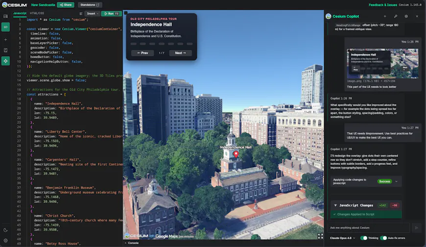 CesiumJS Sandcastle Copilot creating a visualization of Philadelphia 