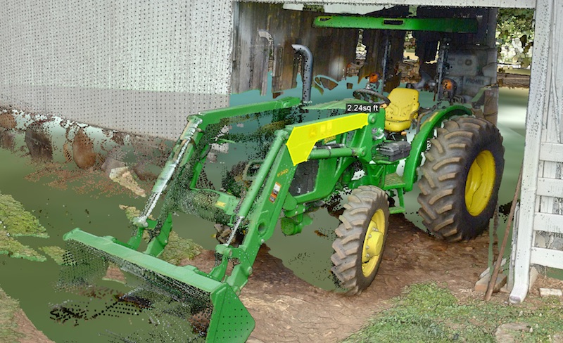 Point cloud data of a piece of farm equipment. Surface area measurement using Cesium ion SDK tools. Tiling preserves fidelity for accurate measuring and analysis.