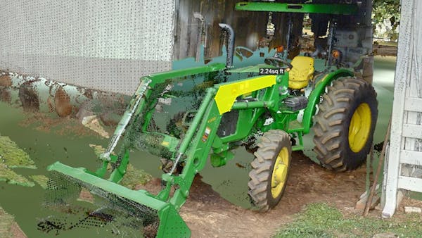 Point cloud data of a piece of farm equipment. Surface area measurement using Cesium ion SDK tools. Tiling preserves fidelity for accurate measuring and analysis.