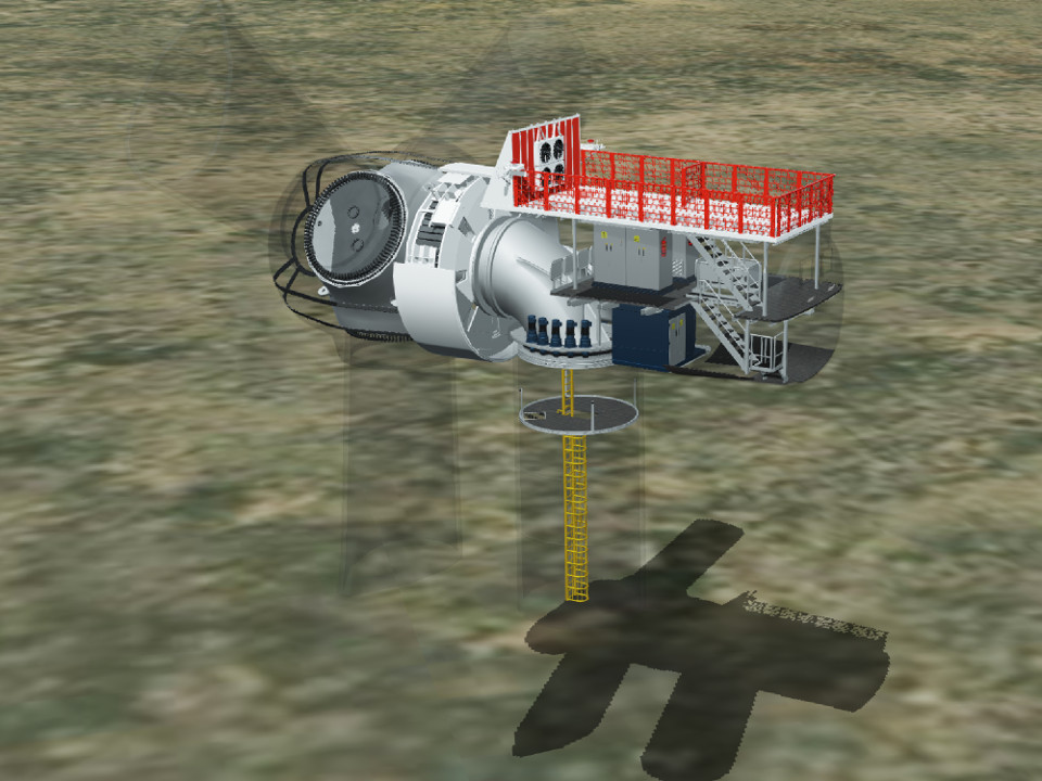 Turbine CAD model casting shadows. Tilesets are visualized using physically-based materials and lighting.