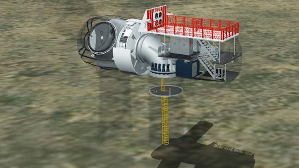 Turbine CAD model casting shadows. Tilesets are visualized using physically-based materials and lighting.