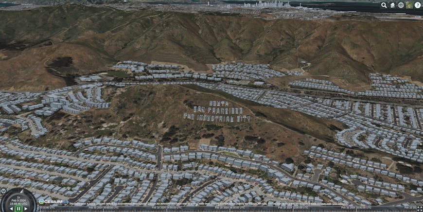 South San Francisco, California, USA, as shown when loading the sample Vite and webpack projects in CesiumJS.