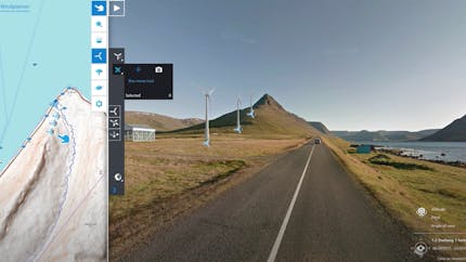 Windplanner tool showing wind turbine locations on a 2D map on the left and realistic representations of those same turbines on accurate 3D terrain on the right.