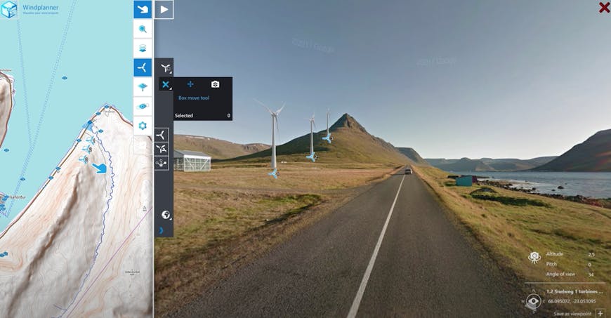 Windplanner tool showing wind turbine locations on a 2D map on the left and realistic representations of those same turbines on accurate 3D terrain on the right.