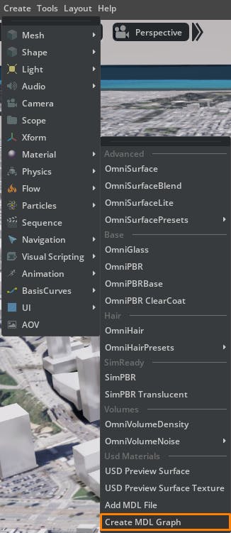 Cesium for Omniverse: Style by Properties. Click Create > Material > Create MDL Graph to create a new material in the stage.