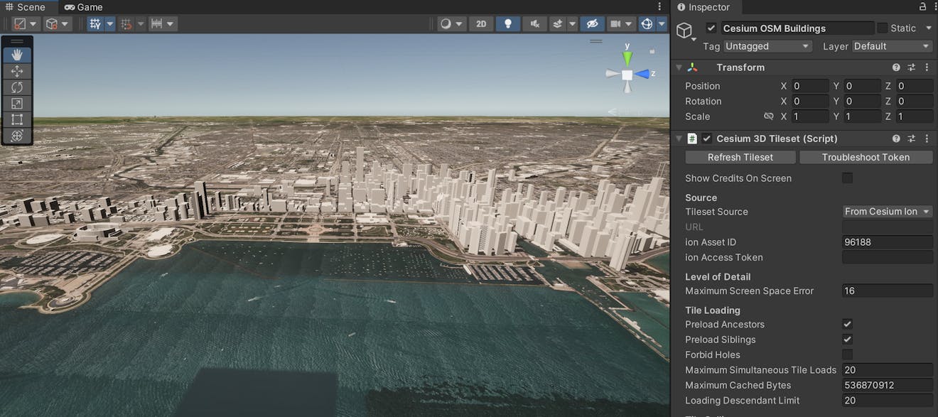Chicago with Cesium World Terrain and Cesium OSM Buildings in Unity