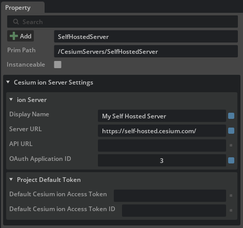 Cesium for Omniverse: Using Cesium ion Self-Hosted. Select the SelfHostedServer prim and configure it with the appropriate values for your self-hosted server.