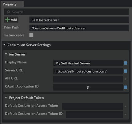 Cesium for Omniverse: Using Cesium ion Self-Hosted. Select the SelfHostedServer prim and configure it with the appropriate values for your self-hosted server.