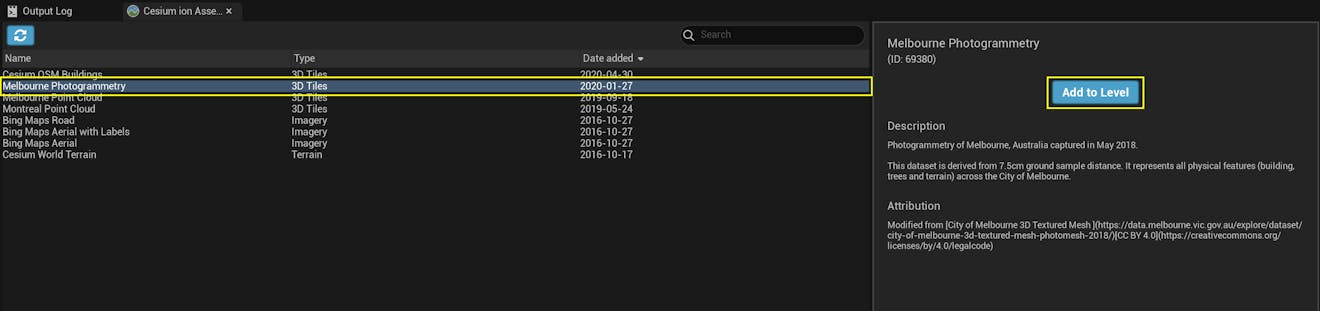 A screenshot of the Cesium ion Assets panel, highlighting the Melbourne Photogrammetry asset and the Add to Level button.