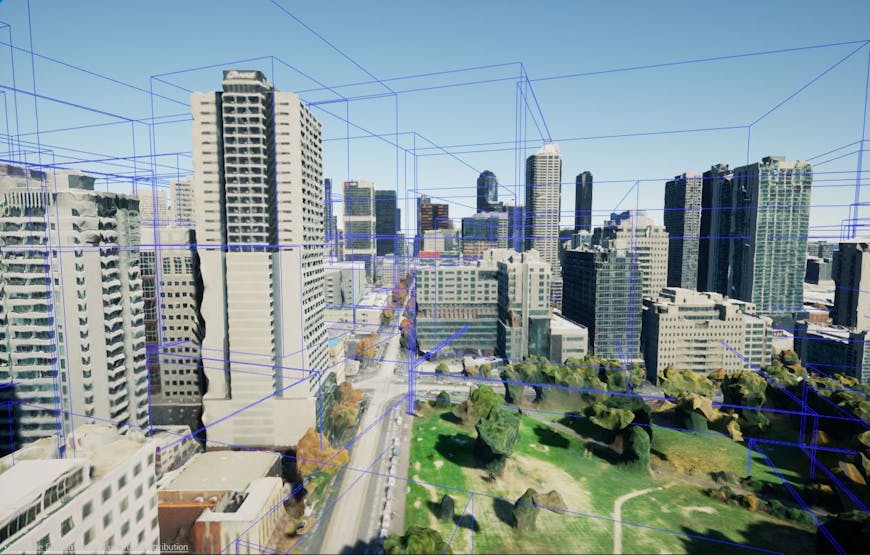 Fig 2.0: A 3D Tileset with visualized bounding volumes is shown in Cesium for Unreal. 3D Tiles allows high-detail models to be expressed hierarchically for efficient streaming.