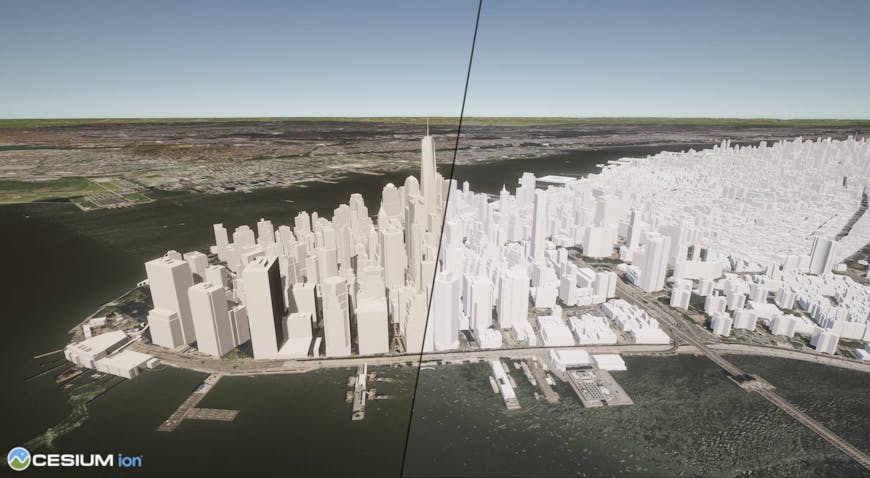 New York City, New York, USA, represented by Cesium OSM buildings, before and after fixing the ambient occlusion.